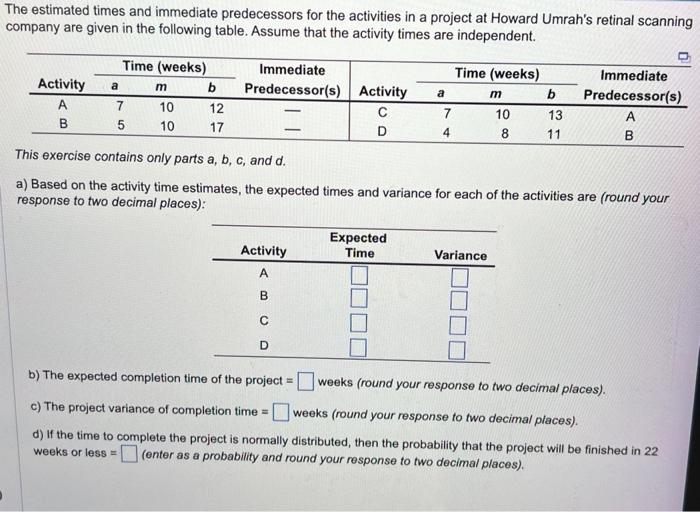 Solved The Estimated Times And Immediate Predecessors For | Chegg.com