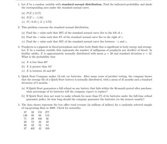 Solved 1. Let Z be a random variable with standard normal | Chegg.com