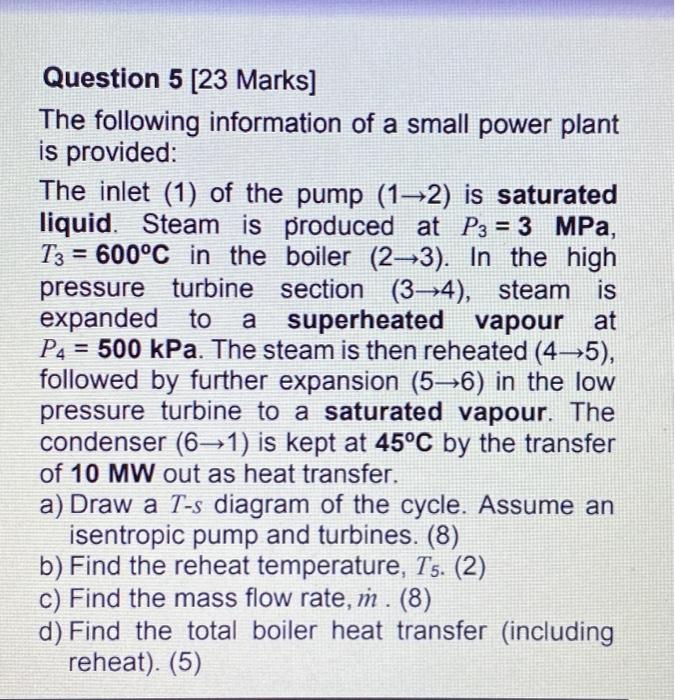 Question 5 [23 Marks]
The following information of a small power plant is provided:
The inlet \( (1) \) of the pump \( (1 \ri