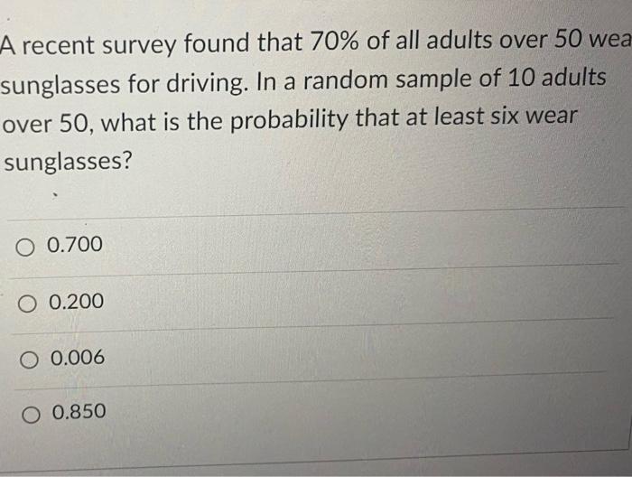 Solved A recent survey found that 70% of all adults over 50 | Chegg.com