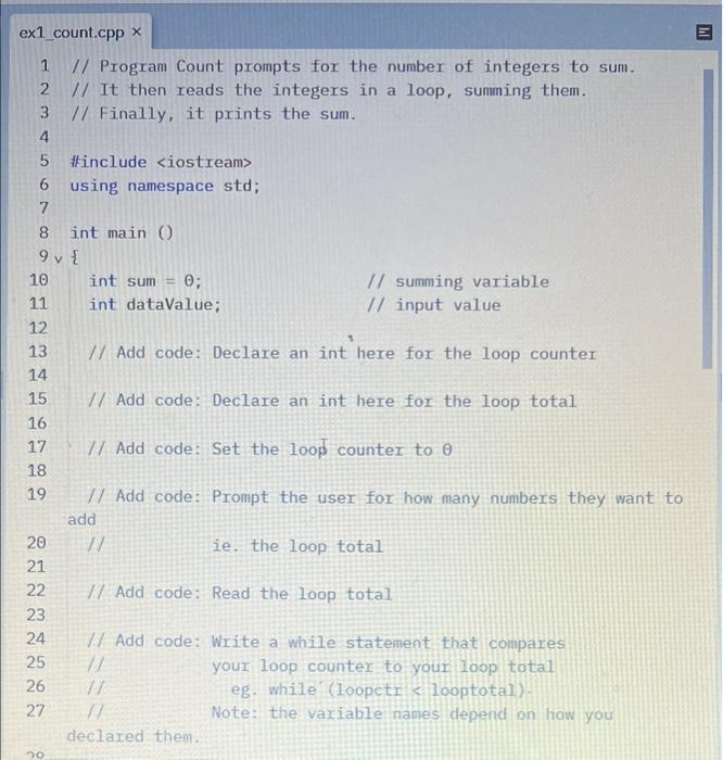 Solved MI ex1_count.cpp X 1 V/ Program Count prompts for the | Chegg.com