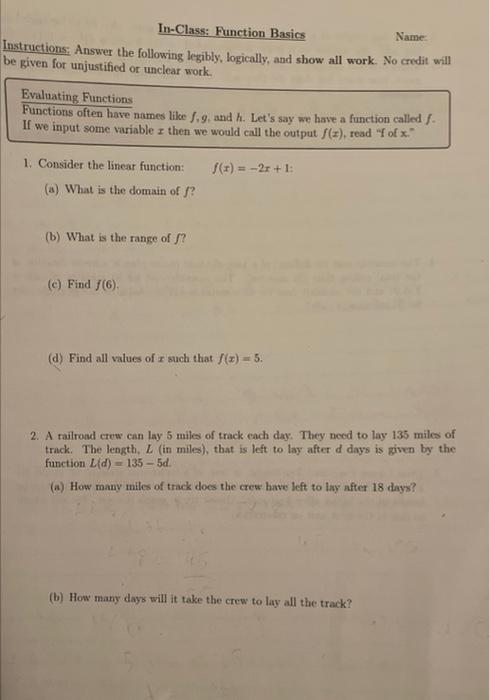 Solved In-Class: Function Basies Name: Instructions: Answer | Chegg.com