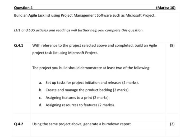 Build an Agile task list using Project Management Software such as Microsoft Project..
LU1 and LUS articles and readings will