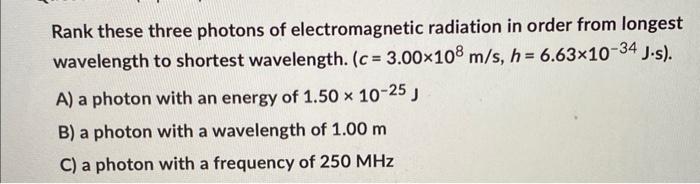 Solved Rank these three photons of electromagnetic radiation | Chegg.com