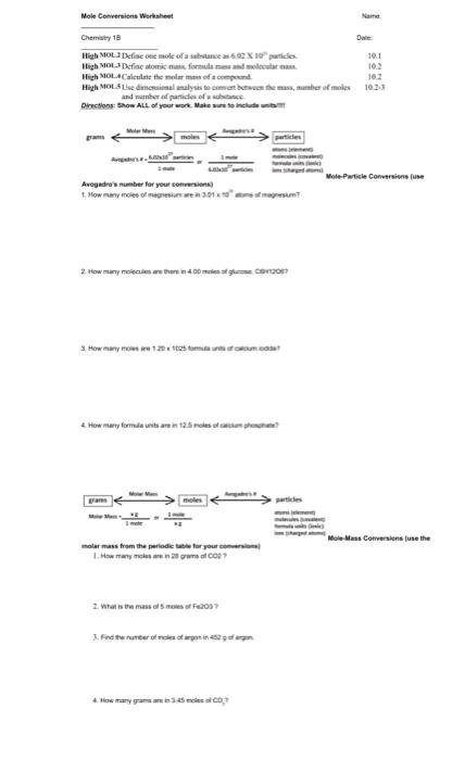 Mole Conversion Worksheet 102 Chemistry 1B High MOLI | Chegg.com