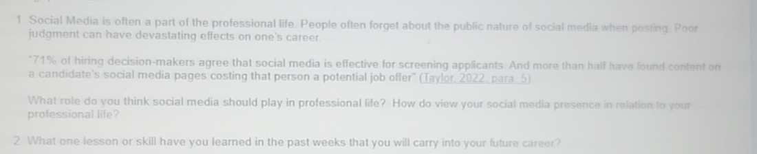 Solved Social Media is often a part of the professional | Chegg.com