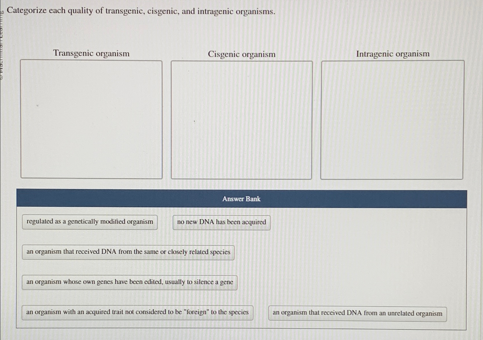 Solved Categorize each quality of transgenic, cisgenic, and | Chegg.com