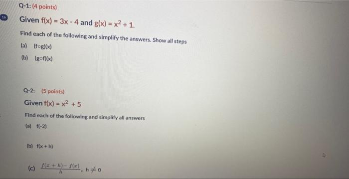 Solved Given F X 3x−4 And G X X2 1 Find Each Of The