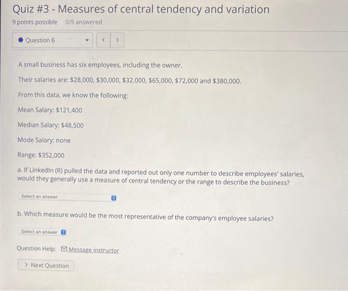 Solved Quiz \#3 - Measures of central tendency and variation | Chegg.com