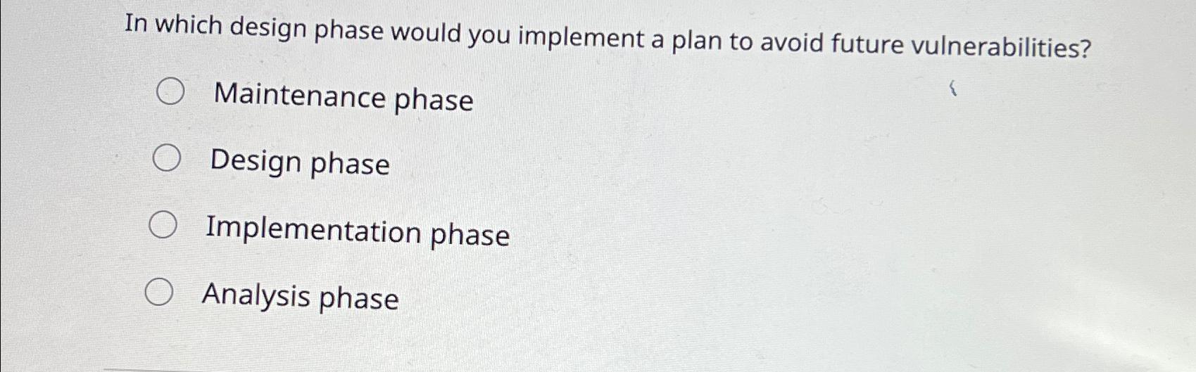 Solved In which design phase would you implement a plan to | Chegg.com
