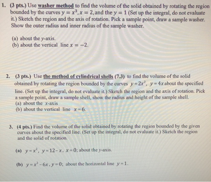 Solved 1. (3 pts.) Use washer method to find the volume of | Chegg.com