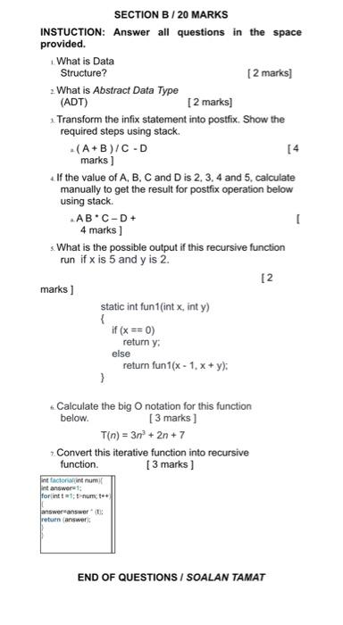 Solved SECTION B / 20 MARKS INSTUCTION: Answer All Questions | Chegg.com