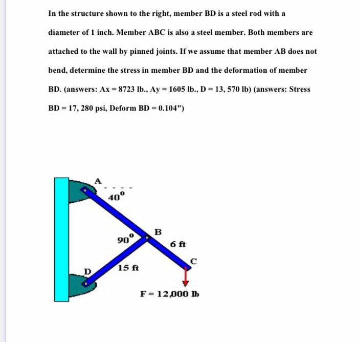 In the structure shown to the right, member BD is a steel rod with a diameter of 1 inch. Member ABC is also a steel member. B