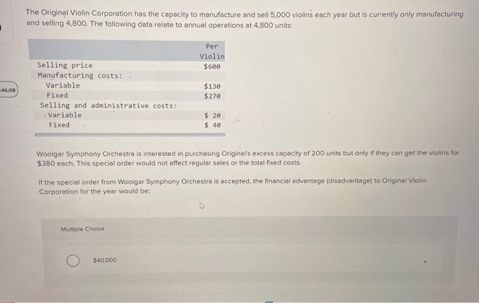 Solved The Original Violin Corporation has the capacity to | Chegg.com