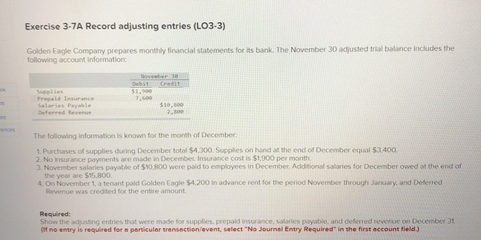 Solved Exercise 3 7a Record Adjusting Entries Lo3 3 Gol