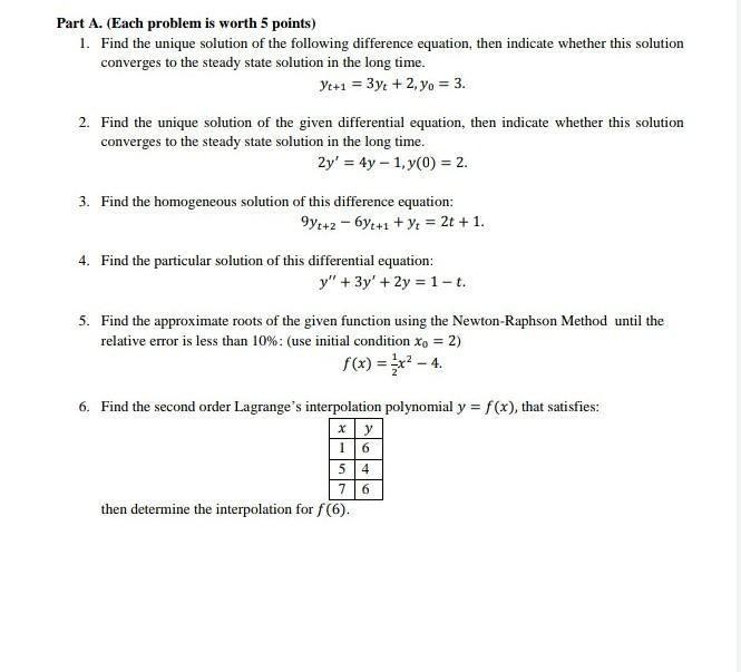 Solved Part A. (Each problem is worth 5 points) 1. Find the | Chegg.com