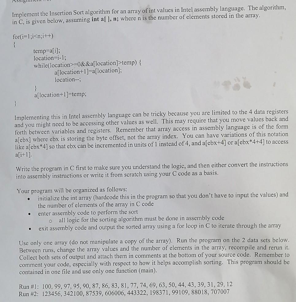 Solved Implement the Insertion Sort algorithm for an array | Chegg.com