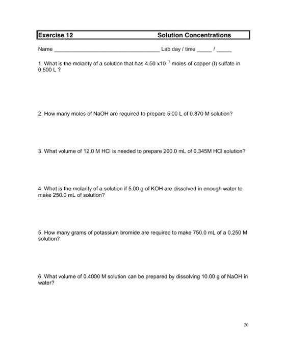 Solved Exercise 12 Solution Concentrations Name Lab day / | Chegg.com