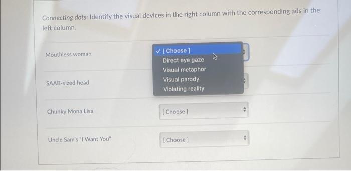 Connecting dots: Identify the visual devices in the right column with the corresponding ads in the left column.
Mouthless wom