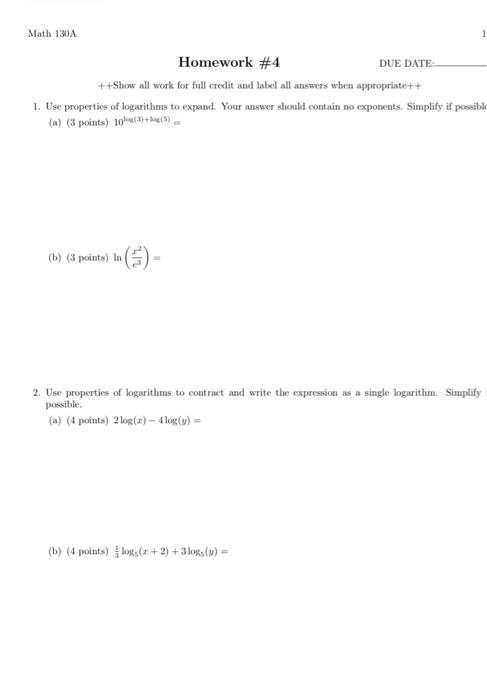 Solved Math 130A 1 Homework #4 DUE DATE: ++ Show all work | Chegg.com