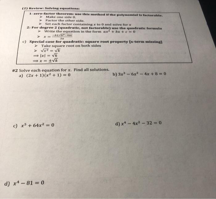 Solved 2 review solving equations 1 zero factor theorem chegg