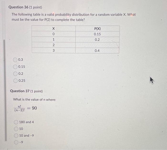 The following table is a valid probability distribution for a random variable \( \mathrm{X} \). What must be the value for \(