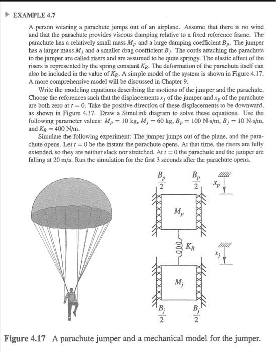 A person wearing a parachute jumps out of an