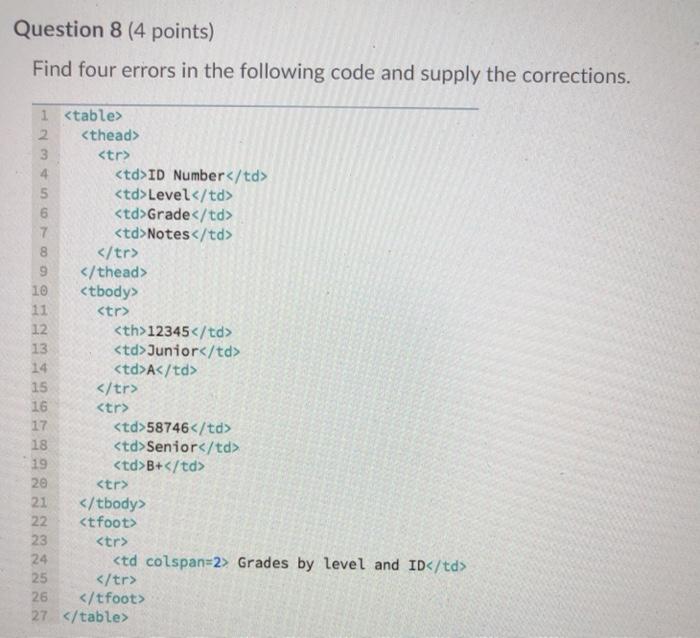 Solved Question 8 (4 points) Find four errors in the | Chegg.com
