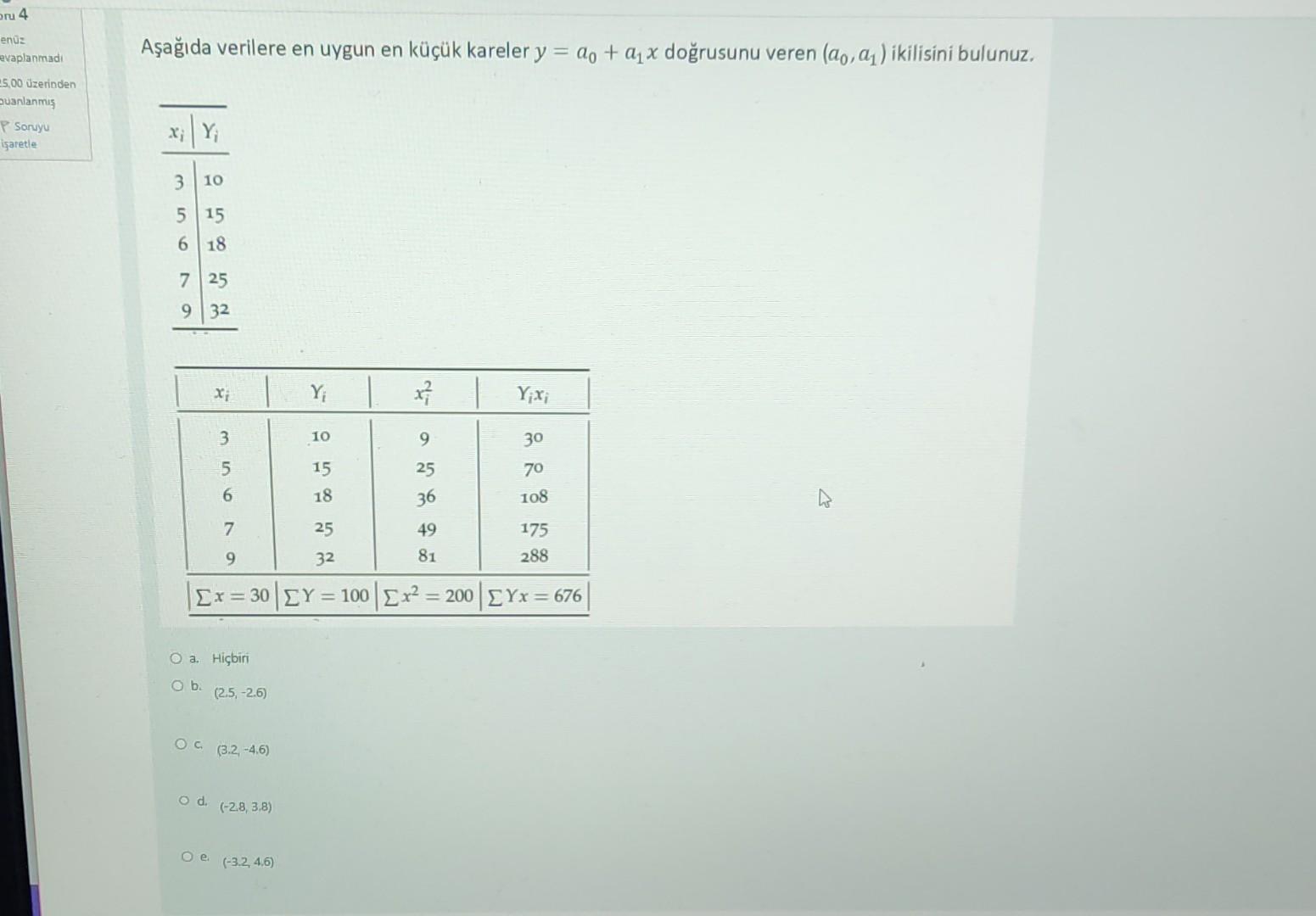 Solved Aşağıda Verilere En Uygun En Küçük Kareler Y=a0+a1x 