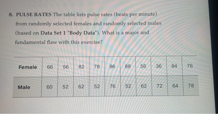 8. PULSE RATES The table lists pulse rates (beats per minute) from randomly selected females and randomly selected males (bas