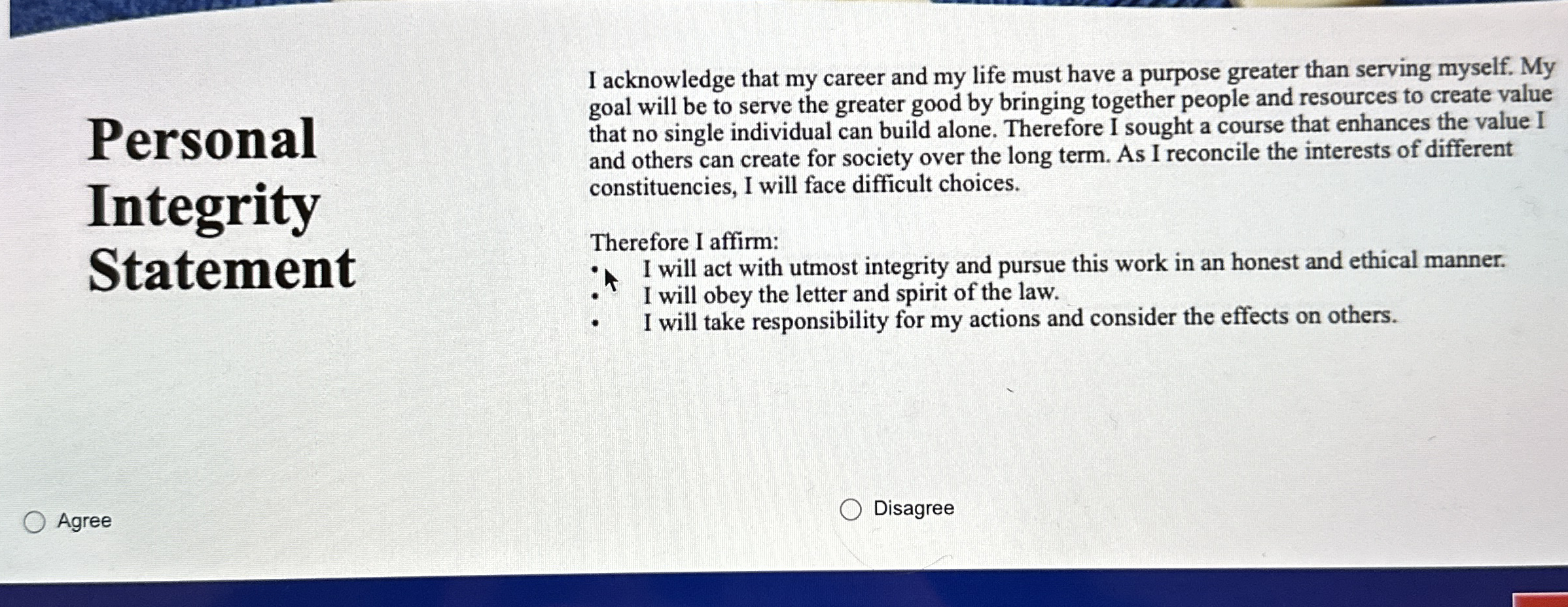 Personal Integrity StatementI acknowledge that my | Chegg.com