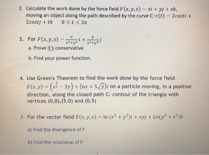 Solved 2 Calculate The Work Done By The Force Field Fx Y