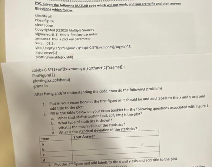 Solved PSC. Given the following MATLAB code which will not | Chegg.com