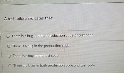 Solved A test failure indicates that:There is a bug in | Chegg.com