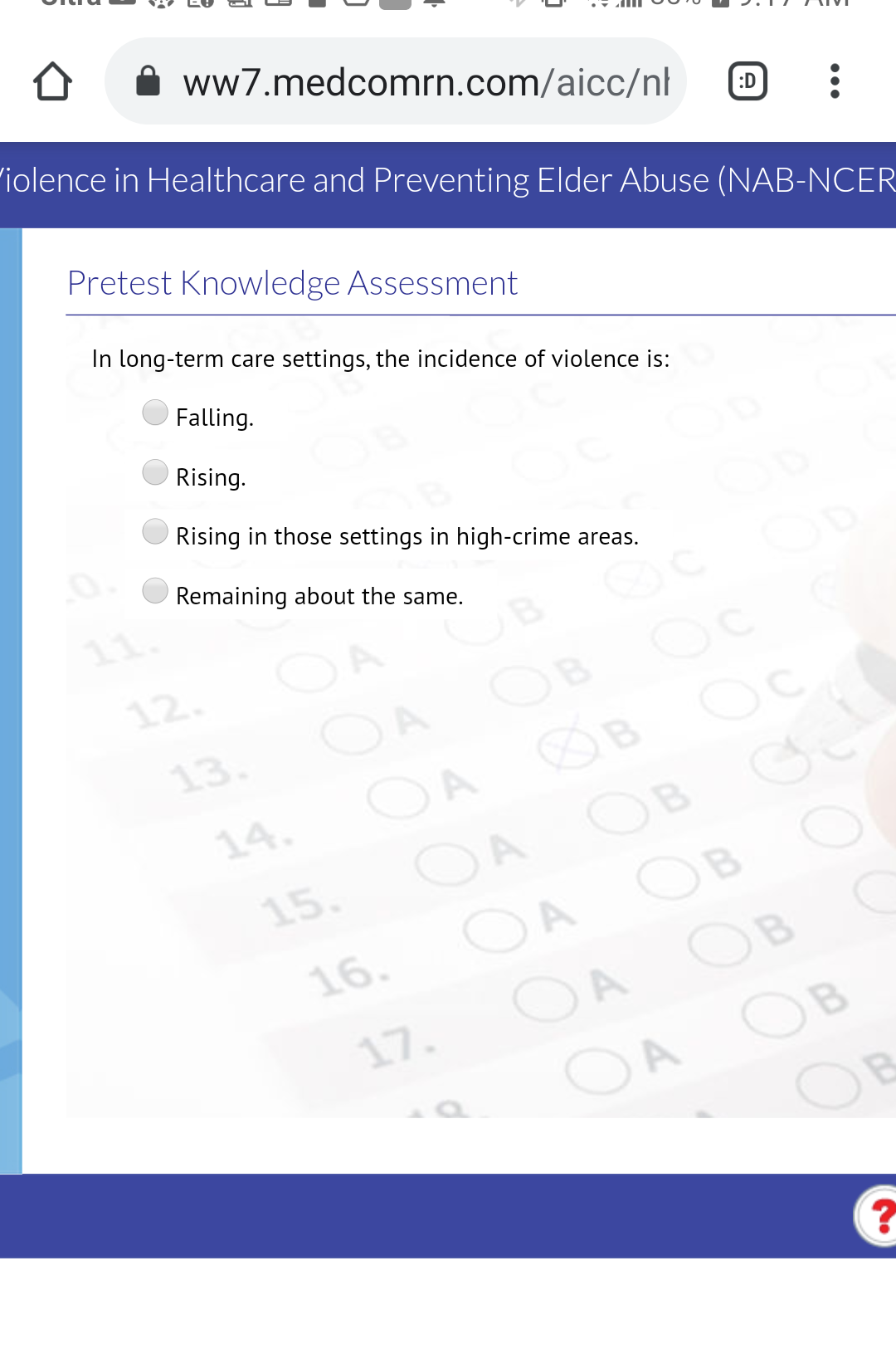 ww7.medcomrn.com/aicc/nt :D iolence in Healthcare and Preventing Elder Abuse (NAB-NCER Pretest Knowledge Assessment In long-t