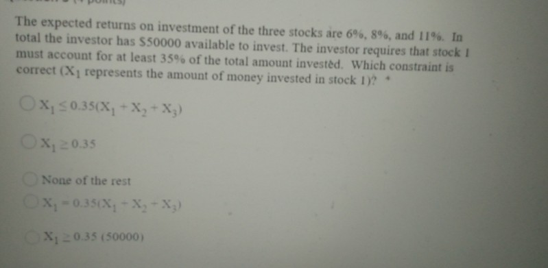 Solved The expected returns on investment of the three | Chegg.com