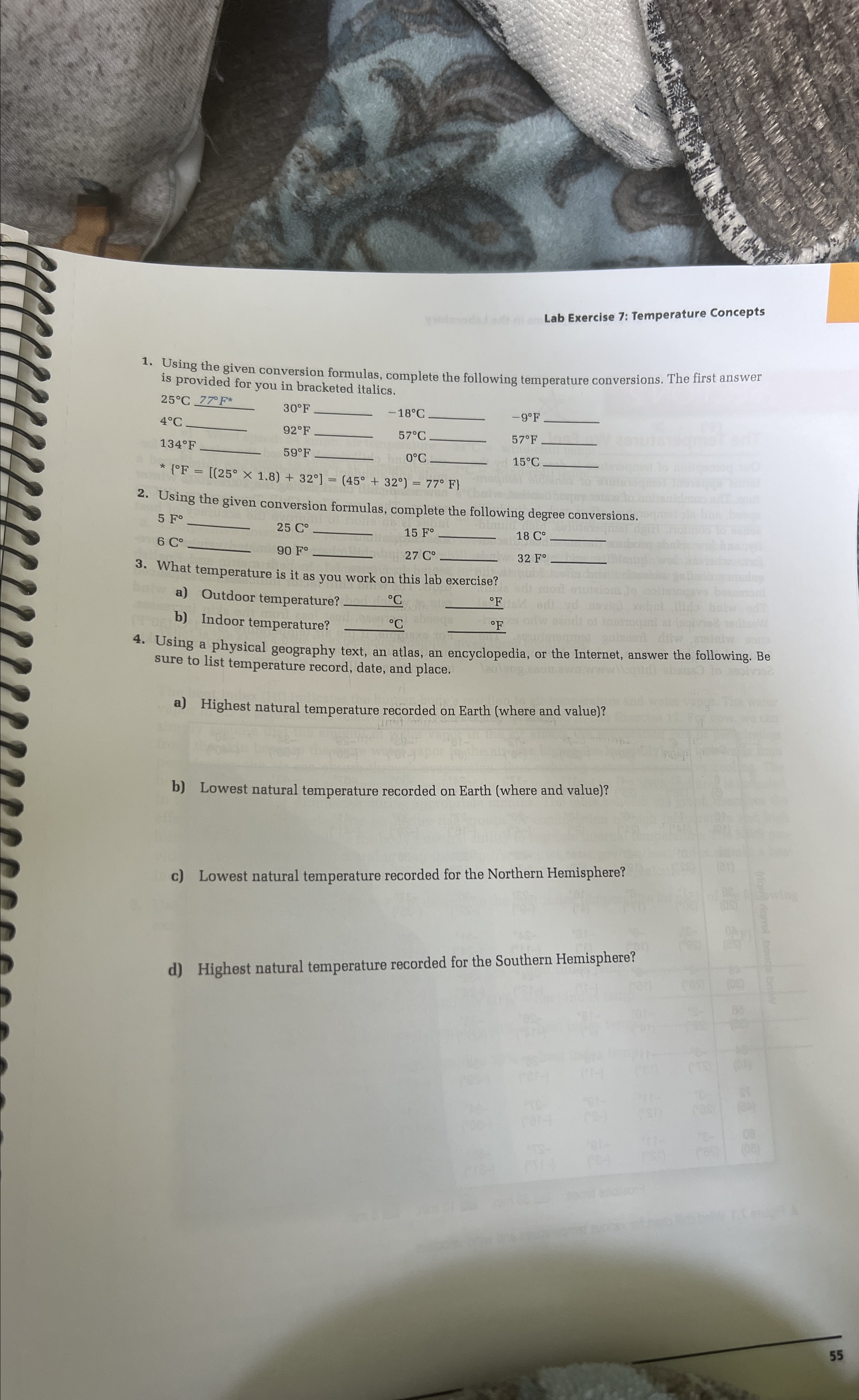 Solved Lab Exercise 7: Temperature ConceptsUsing the given | Chegg.com