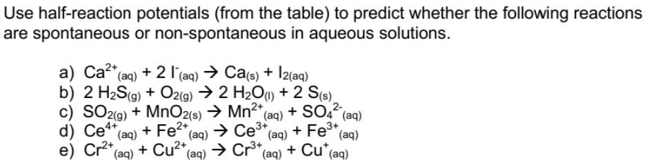 Solved Use half-reaction potentials (from the table) to | Chegg.com