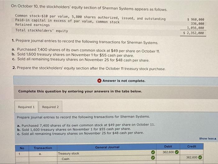 Solved On October 10, The Stockholders' Equity Section Of | Chegg.com