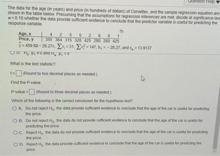 Solved The data for the age (in years) and price (in | Chegg.com