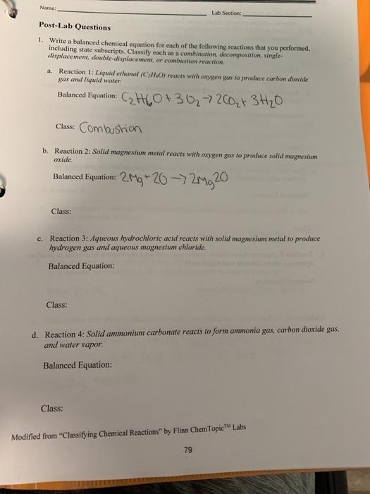 Solved Classifying Chemical Reactions Page 14 c. Reaction