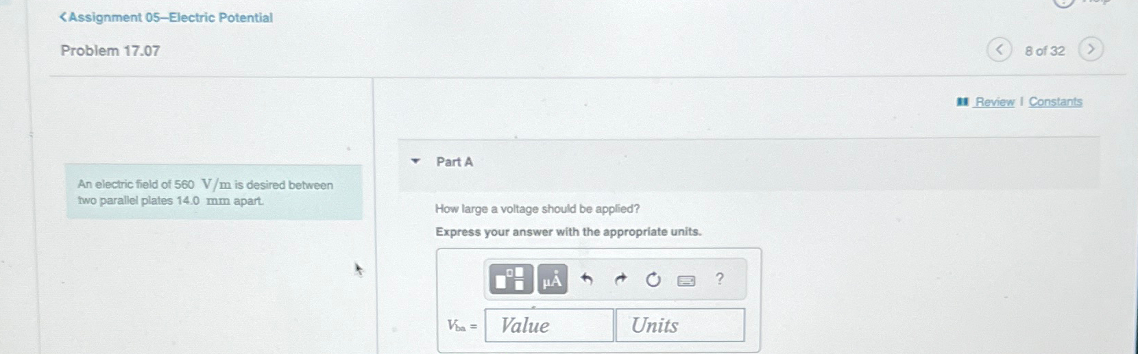 Solved 14.0mmVba=560Vm is ﻿desired between two parallel | Chegg.com