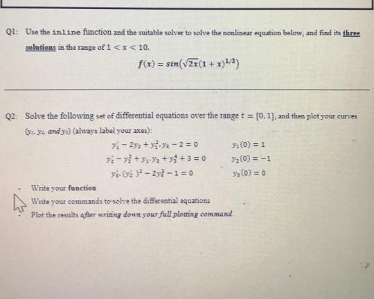 Solved Q1: Use the inline function and the suitable solver | Chegg.com