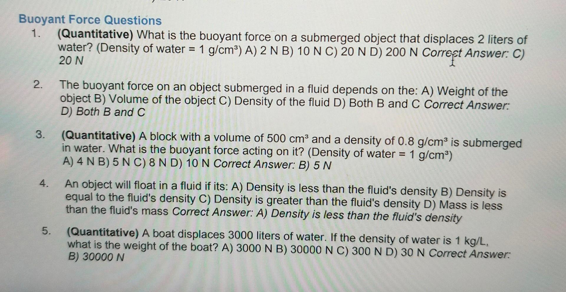 Solved Buoyant Force Questions 1 Quantitative What Is The Chegg Solved Buoyant Force Questions 1 Quantitative What Is The Chegg