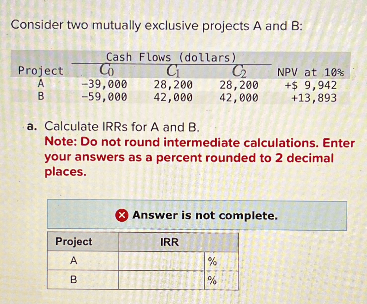 Solved Consider two mutually exclusive projects A and B | Chegg.com