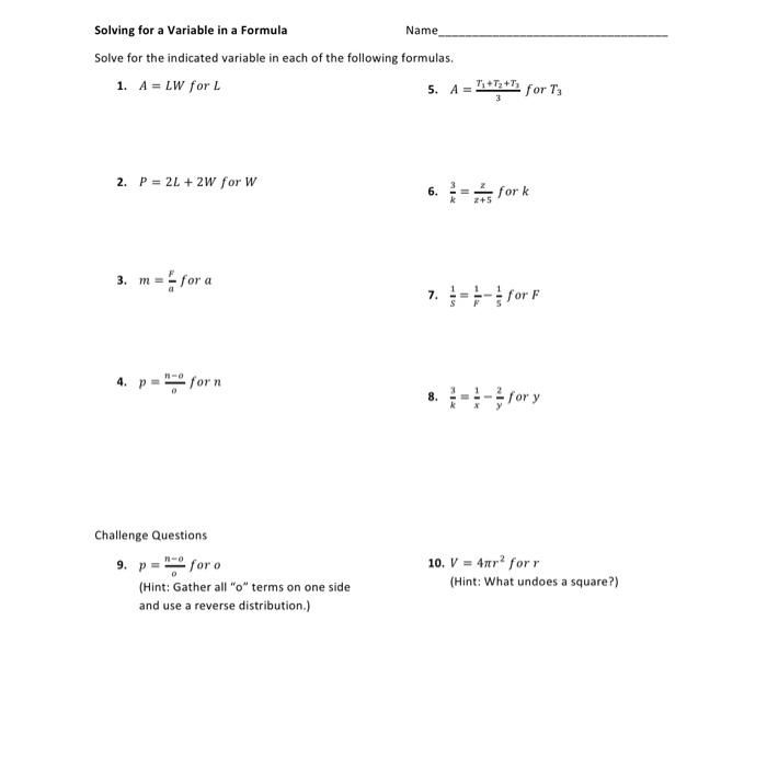 Solved Name Solving for a Variable in a Formula Solve for | Chegg.com