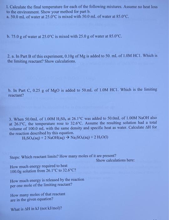 Solved 1. Calculate the final temperature for each of the | Chegg.com