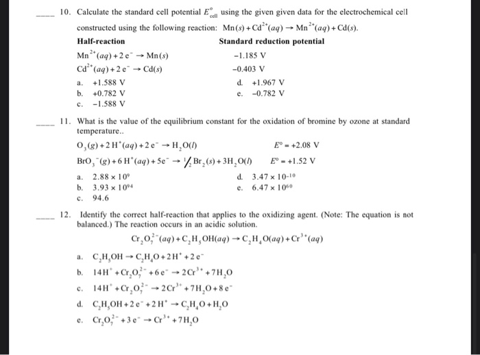 Solved C 10 Calculate The Standard Cell Potential El Us Chegg Com