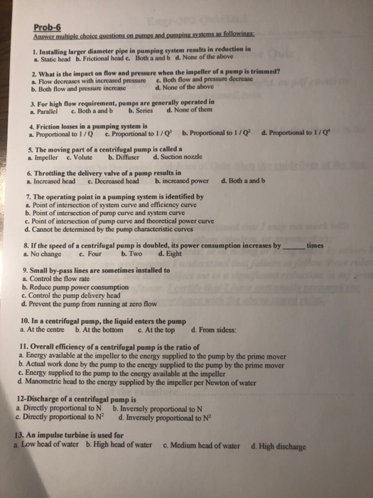 Solved Prob6 Answer multiple choice questions on pumps and