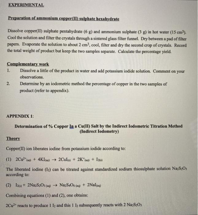 Solved EXPERIMENTAL Preparation of ammonium copper(II)